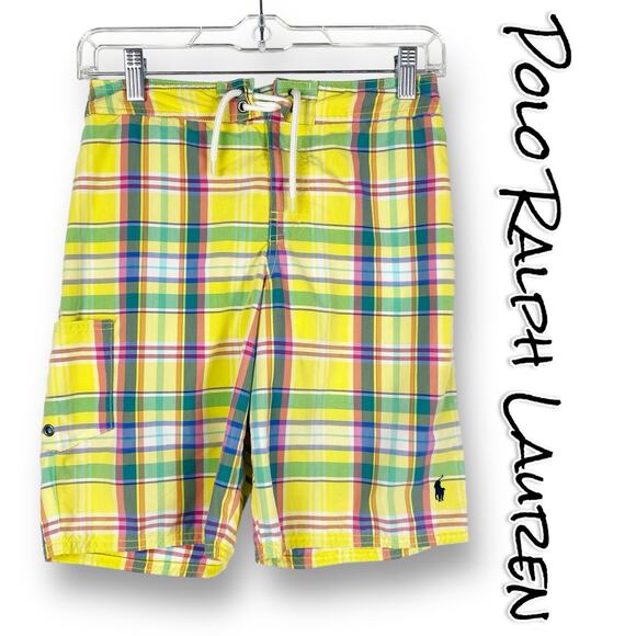Polo Ralph Laurent Plaid Swim Trunks Preppy Pockets Yellow Plaid Boys Size Med - Picture 1 of 12